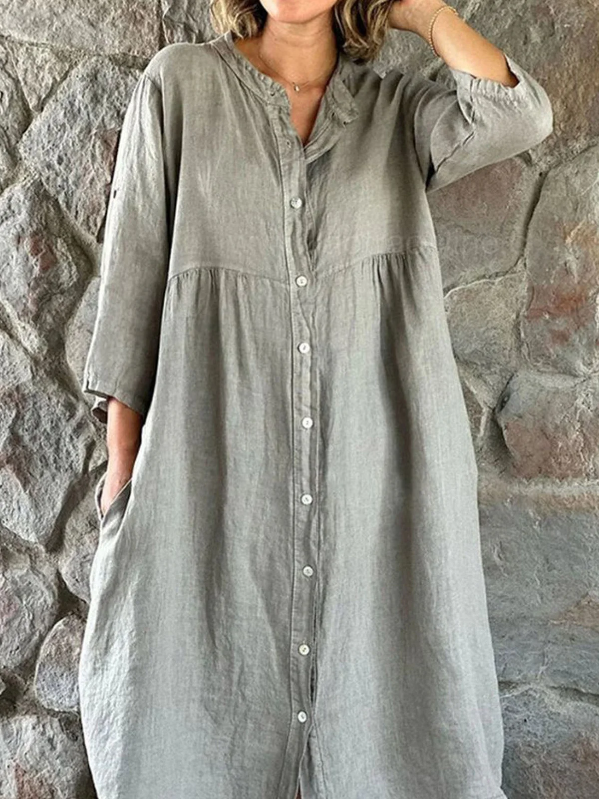 Femmes Plain Rose Rouge Col de Chemise Confortable Robe Mi-Longue Décontracté