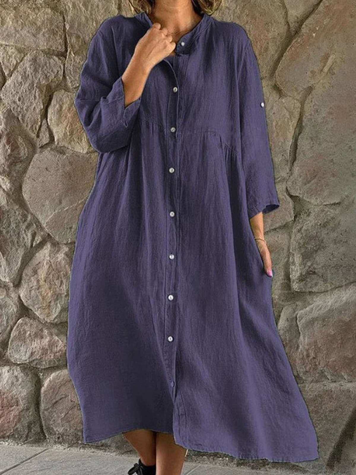 Femmes Plain Rose Rouge Col de Chemise Confortable Robe Mi-Longue Décontracté