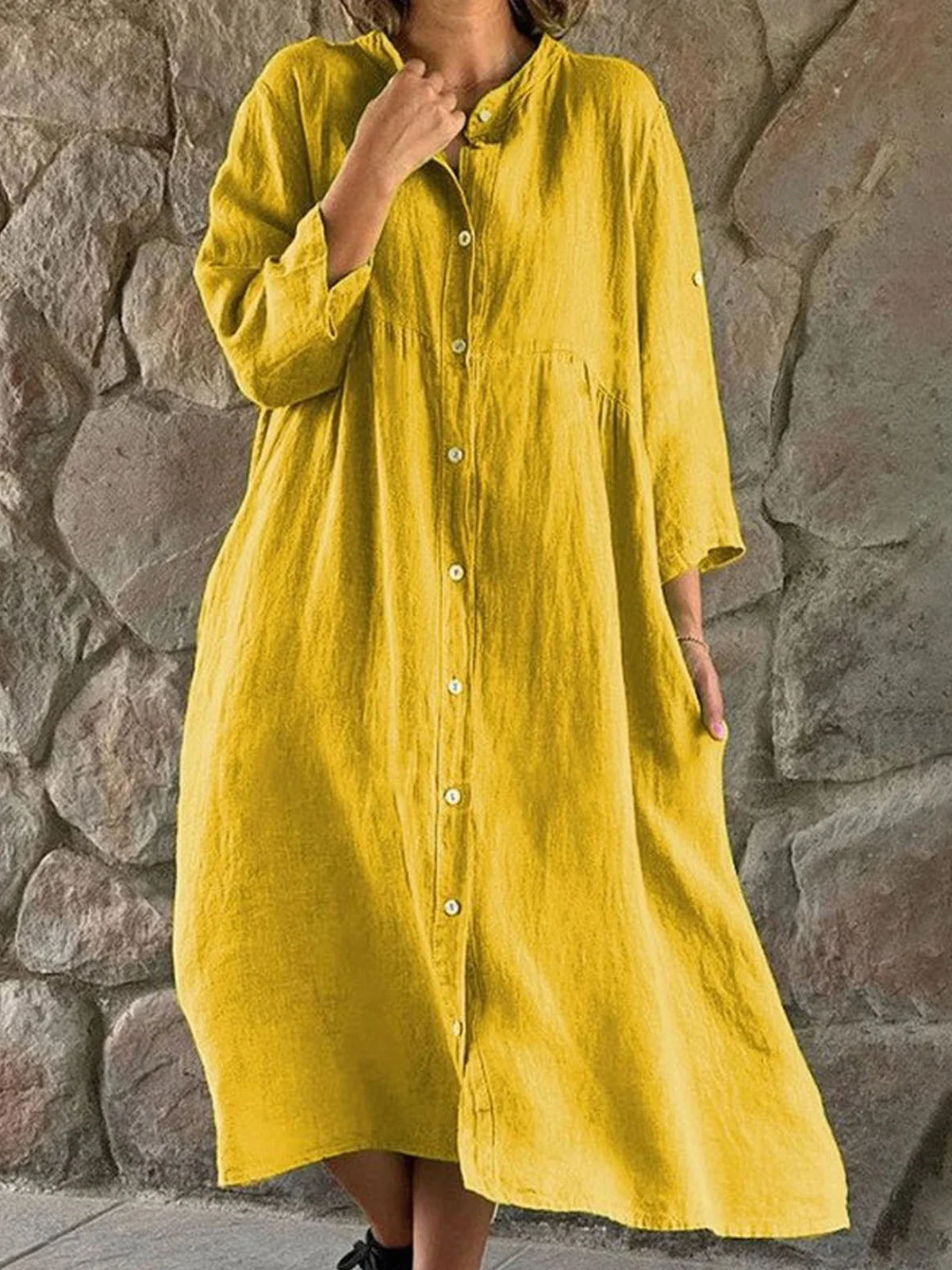 Femmes Plain Rose Rouge Col de Chemise Confortable Robe Mi-Longue Décontracté