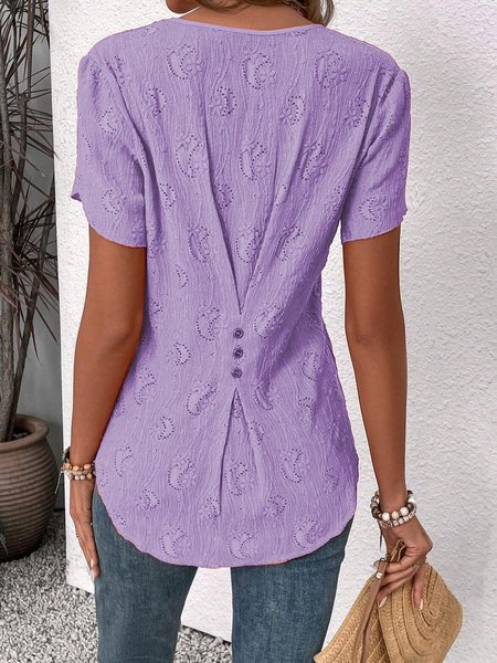 Chemises Plain Été Simple Polyester Micro-élasticité Ample Manches Courtes Entaillé Coton Et Lin pour Femmes