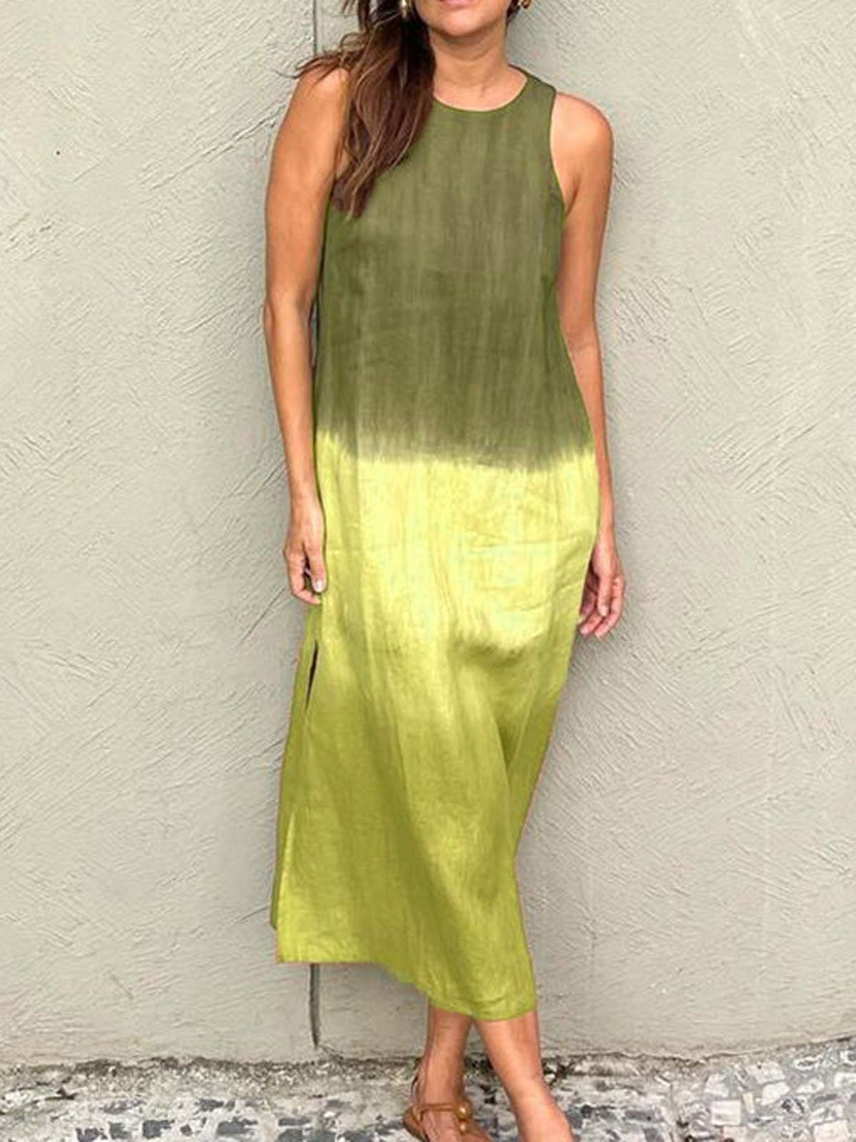 Femmes Ombre Bleu Col Rond Confortable Robe Maxi Décontracté