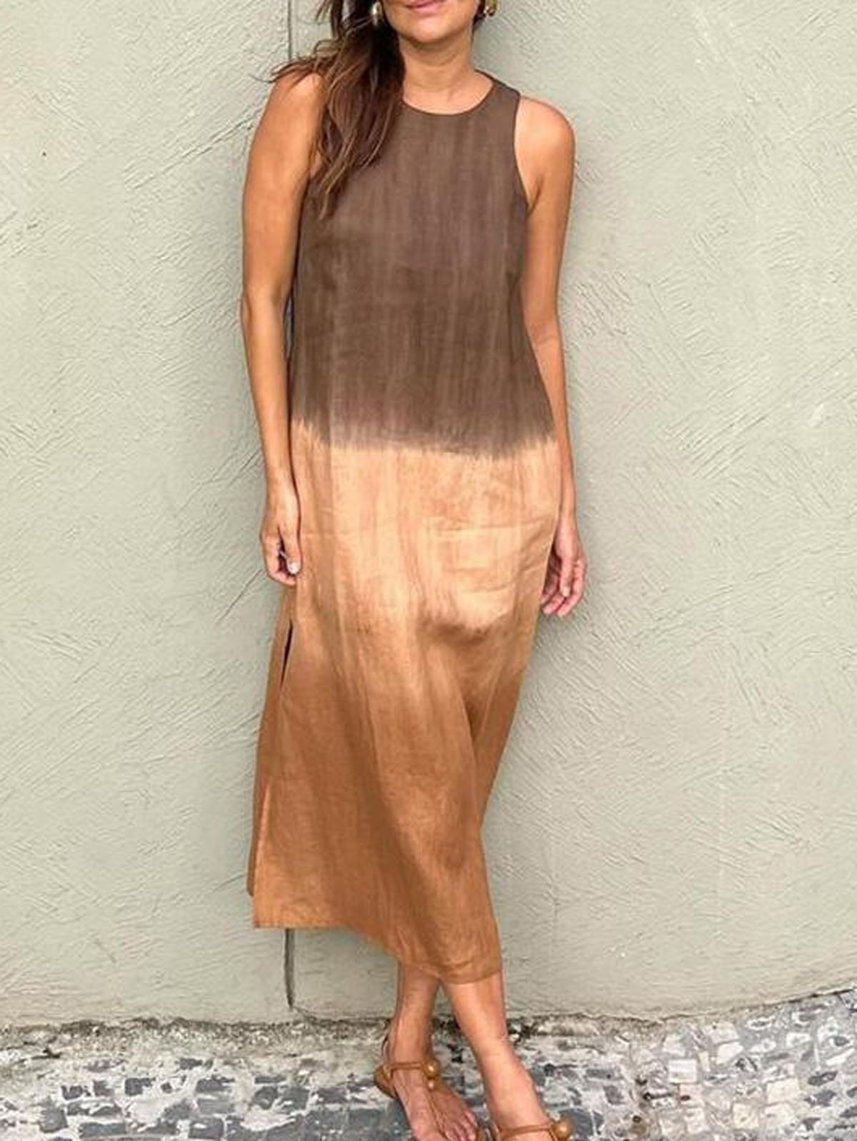 Femmes Ombre Bleu Col Rond Confortable Robe Maxi Décontracté