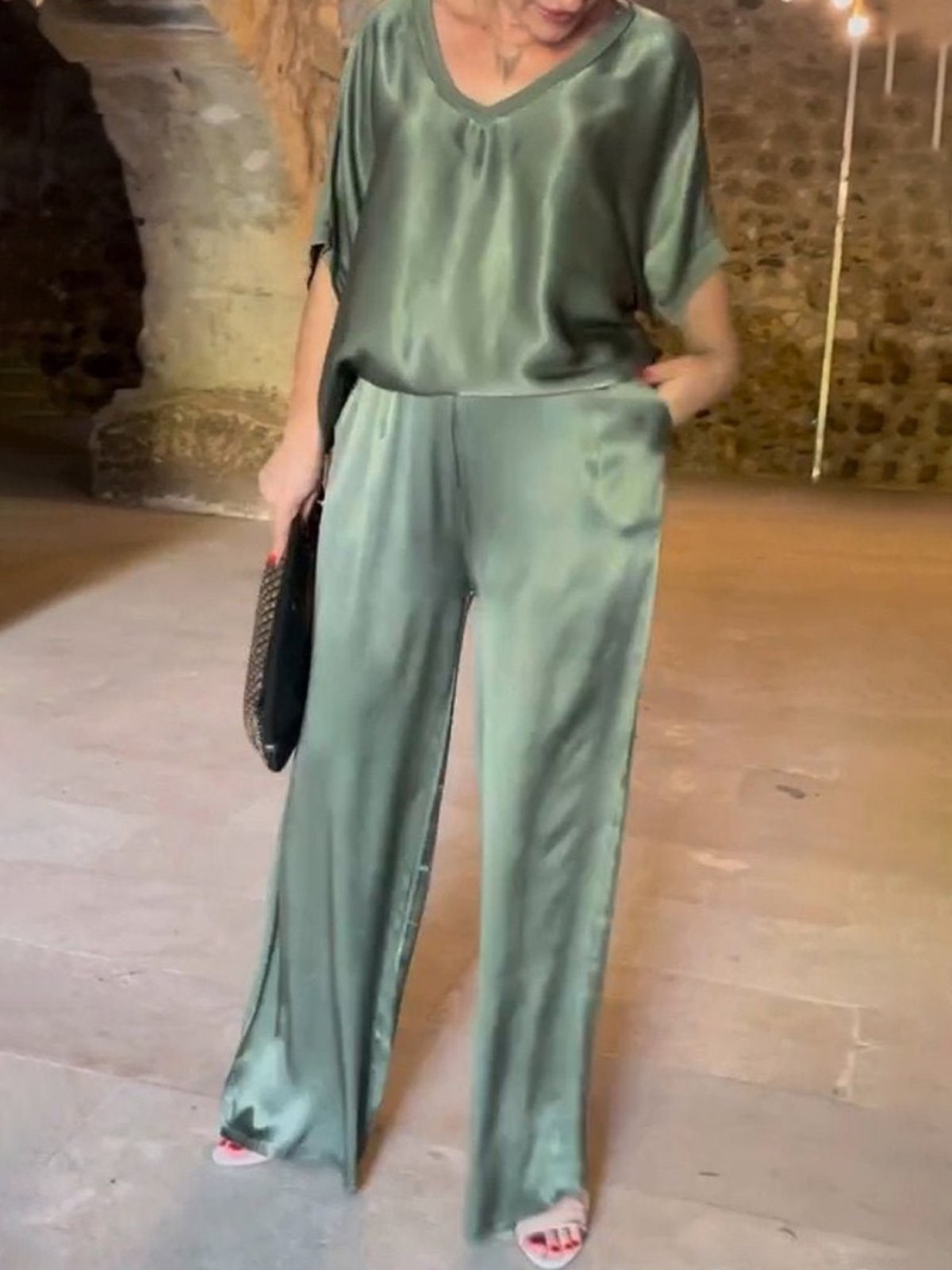 Deux Pièces Ensembles Décontracté Plain Été Naturel Aucune élasticité Ample Demi Manche Top Avec Pantalons Régulier pour Femmes