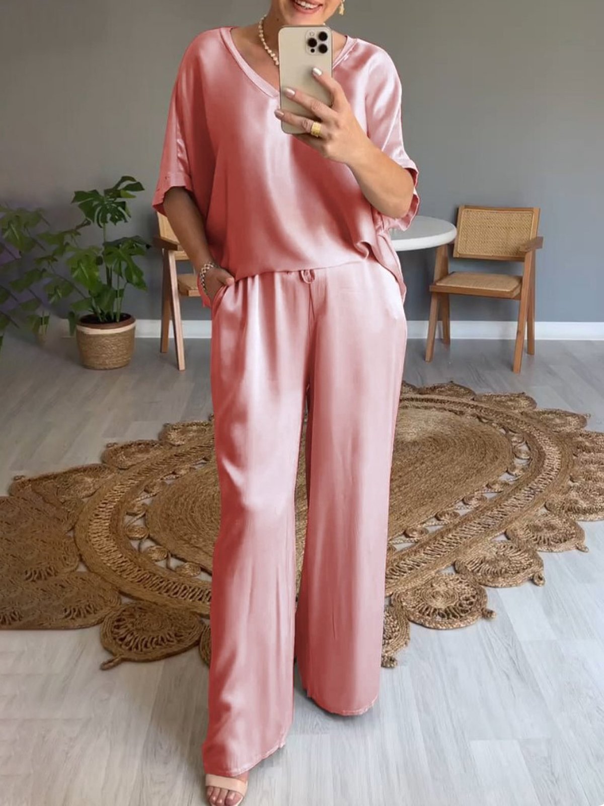 Deux Pièces Ensembles Décontracté Plain Été Naturel Aucune élasticité Ample Demi Manche Top Avec Pantalons Régulier pour Femmes