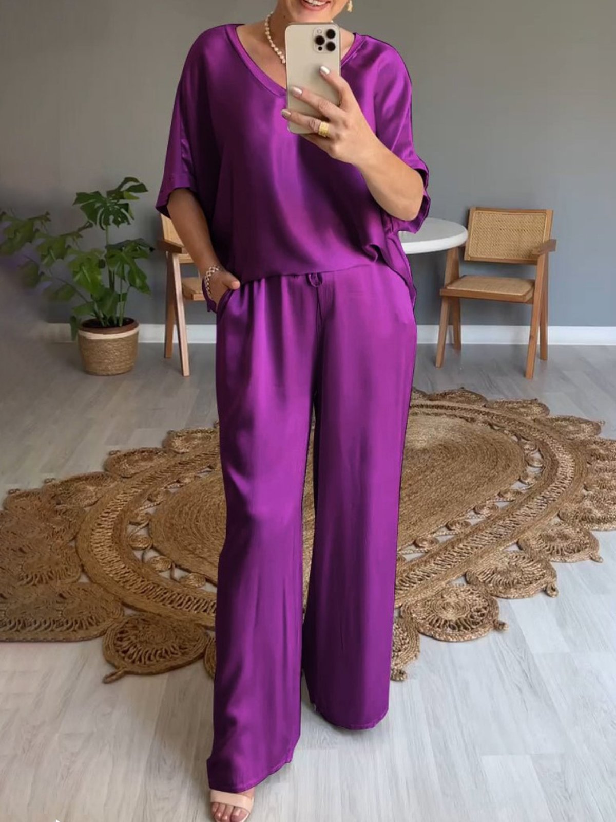 Deux Pièces Ensembles Décontracté Plain Été Naturel Aucune élasticité Ample Demi Manche Top Avec Pantalons Régulier pour Femmes