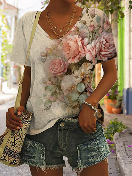 T-shirts Femmes Décontracté Floral Été Polyester Col V Micro-élasticité Manches Courtes Régulier Droit