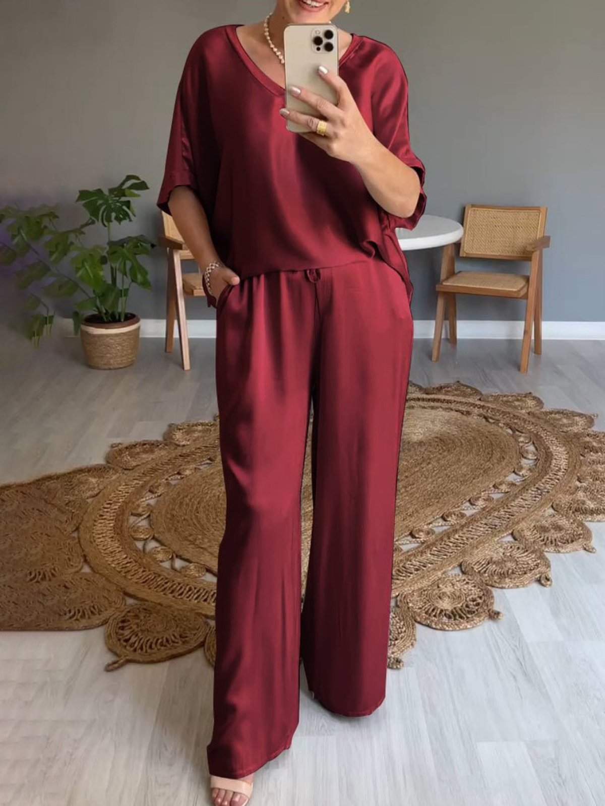 Deux Pièces Ensembles Décontracté Plain Été Naturel Aucune élasticité Ample Demi Manche Top Avec Pantalons Régulier pour Femmes