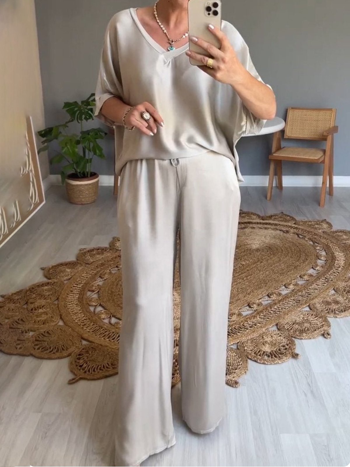 Deux Pièces Ensembles Décontracté Plain Été Naturel Aucune élasticité Ample Demi Manche Top Avec Pantalons Régulier pour Femmes