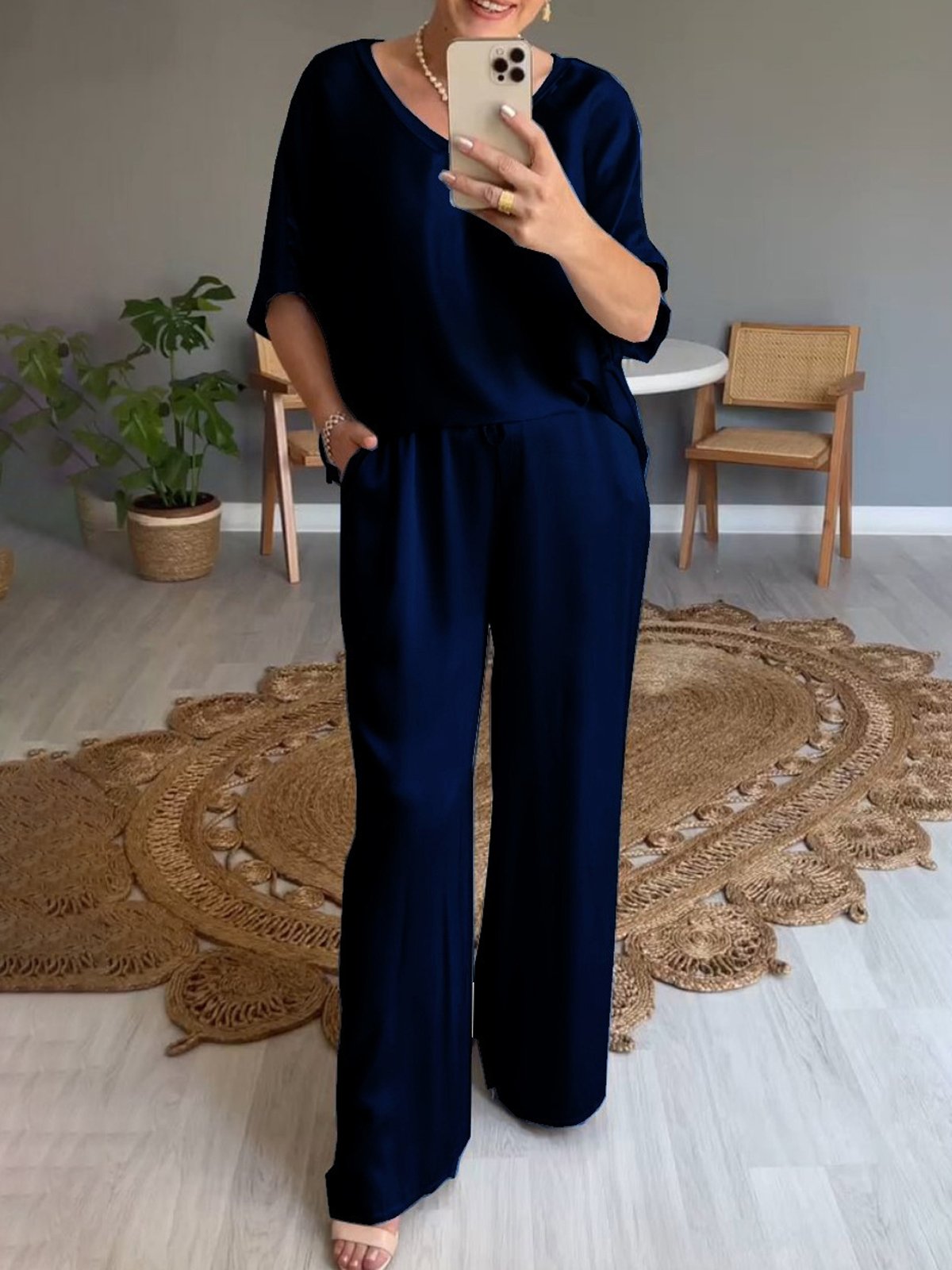 Deux Pièces Ensembles Décontracté Plain Été Naturel Aucune élasticité Ample Demi Manche Top Avec Pantalons Régulier pour Femmes