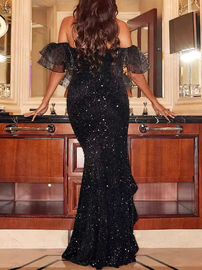 Femmes Plain Noir l'Encolure Bateau Confortable Robe Maxi Sexy