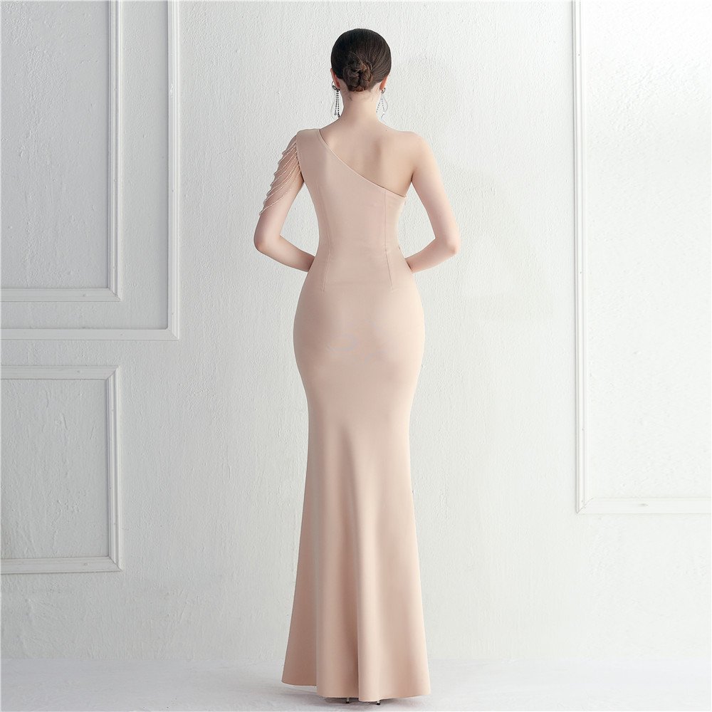 Femmes Plain Abricot Une Épaule Dénudée Confortable Robe Maxi Sexy