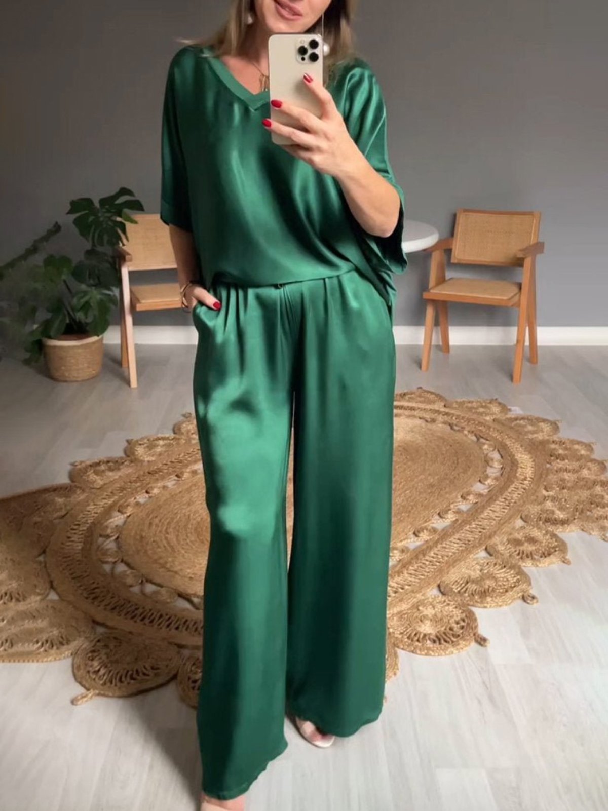 Deux Pièces Ensembles Décontracté Plain Été Naturel Aucune élasticité Ample Demi Manche Top Avec Pantalons Régulier pour Femmes