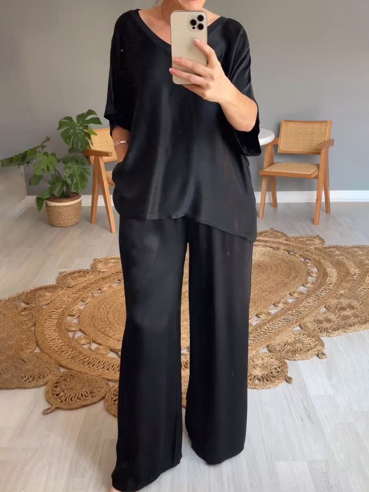 Deux Pièces Ensembles Décontracté Plain Été Naturel Aucune élasticité Ample Demi Manche Top Avec Pantalons Régulier pour Femmes