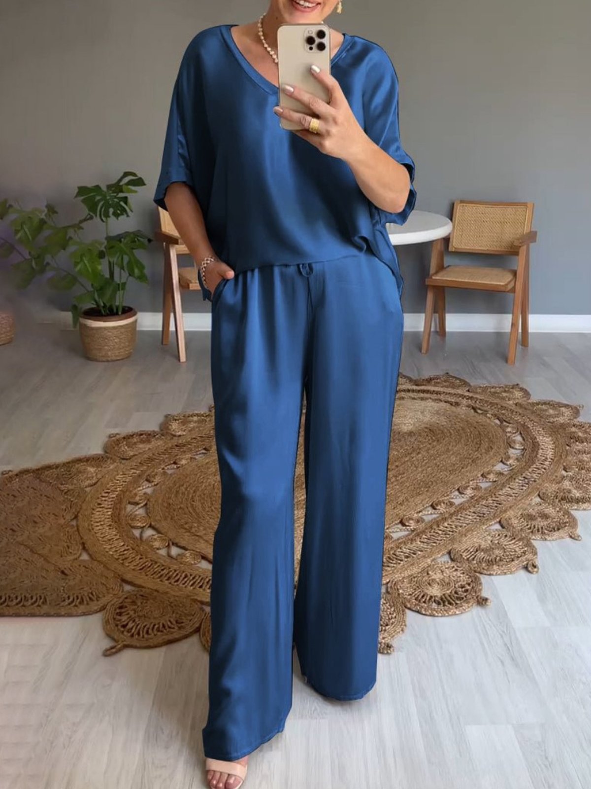 Deux Pièces Ensembles Décontracté Plain Été Naturel Aucune élasticité Ample Demi Manche Top Avec Pantalons Régulier pour Femmes