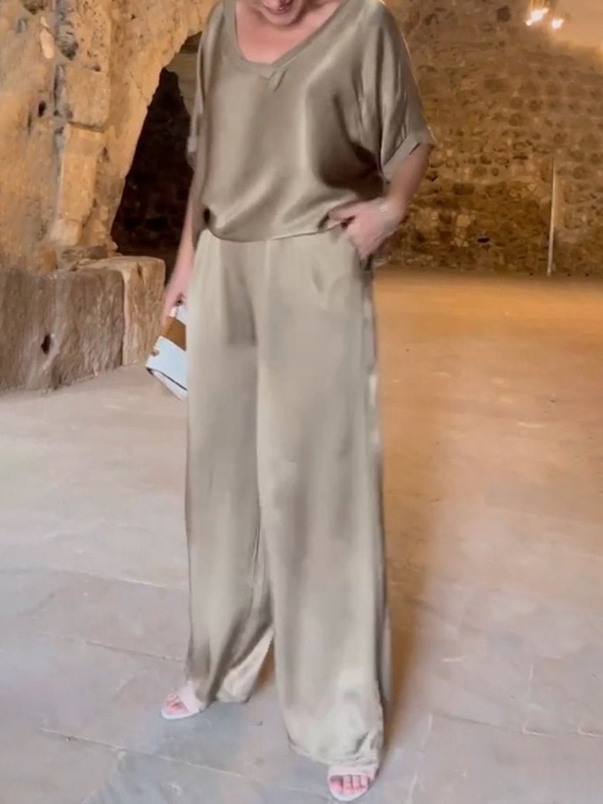 Deux Pièces Ensembles Décontracté Plain Été Naturel Aucune élasticité Ample Demi Manche Top Avec Pantalons Régulier pour Femmes