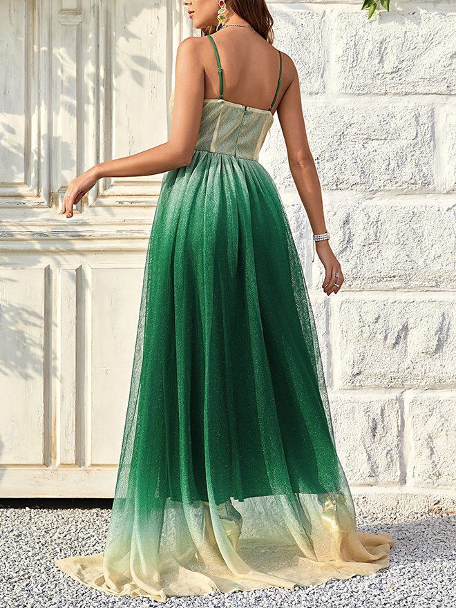 Femmes Ombre Vert Col V Confortable Robe Maxi Sexy