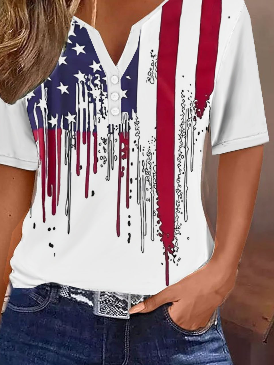 T-shirts Décontracté Été Le jour de l'indépendance (Drapeau) Polyester Micro-élasticité Quotidien Ample Entaillé Boucle pour Femmes