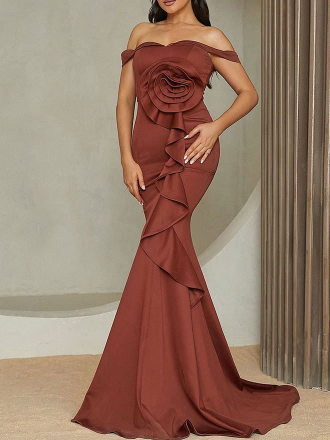 Femmes Plain Brun Col Rond Confortable Robe Maxi Sexy