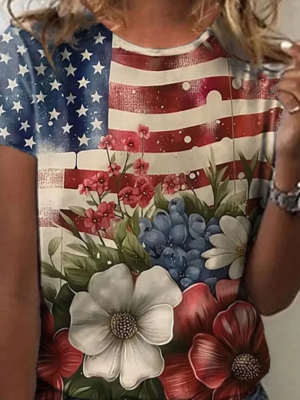 T-shirts Femmes Décontracté Drapeau des États-Unis Été Polyester Micro-élasticité Quotidien Ample Col Rond Régulier