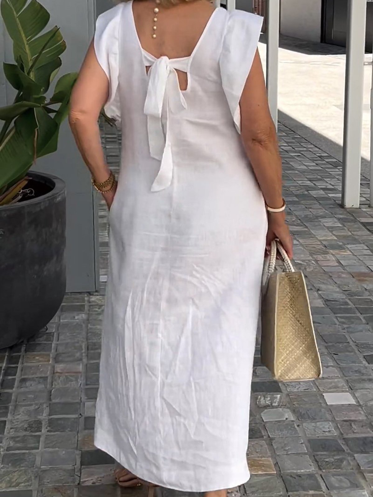 Femmes Plain Blanc Col V Confortable Robe Mi-Longue Décontracté