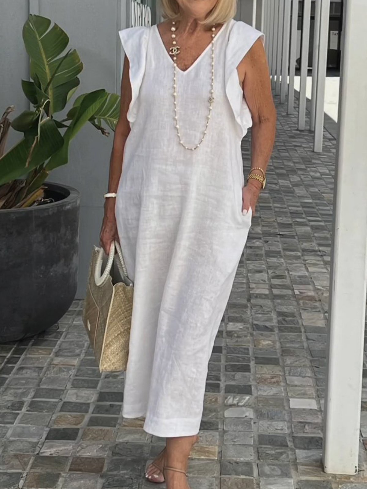 Femmes Plain Blanc Col V Confortable Robe Mi-Longue Décontracté