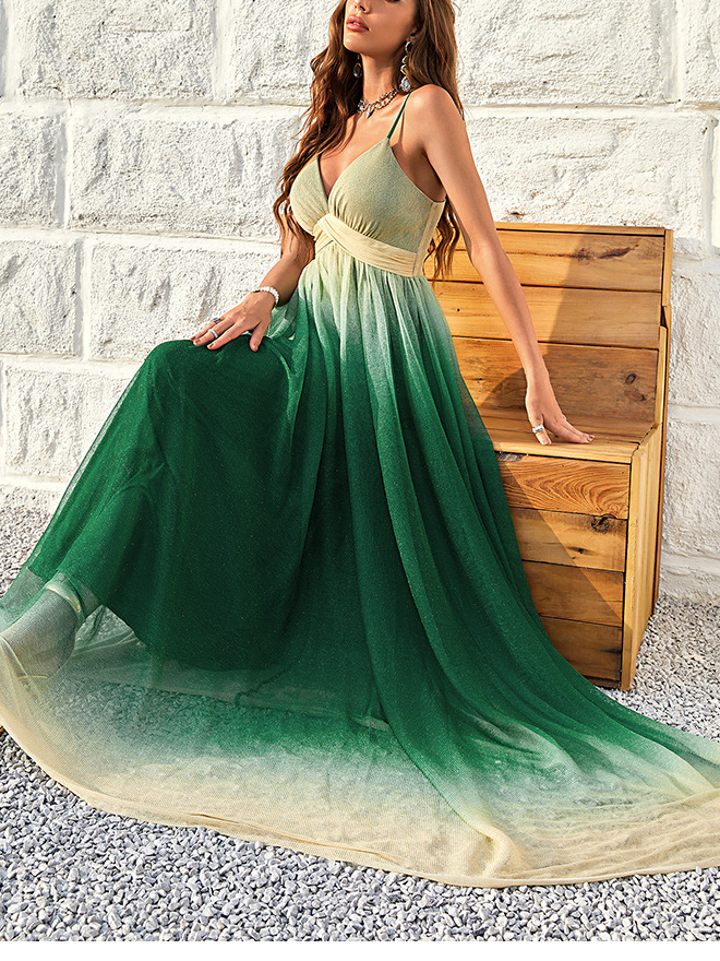Femmes Ombre Vert Col V Confortable Robe Maxi Sexy