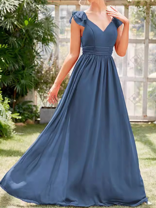 Femmes Plain Bleu Col V Confortable Robe Maxi Sexy