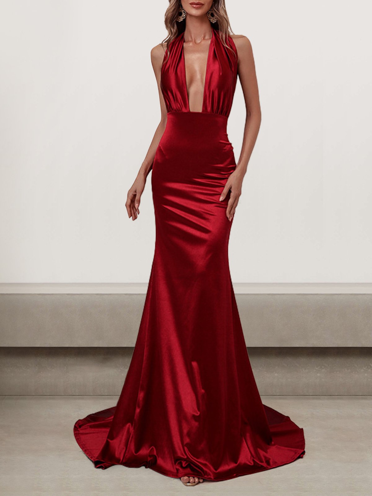 Femmes Plain Rouge Col V Confortable Robe Maxi Sexy