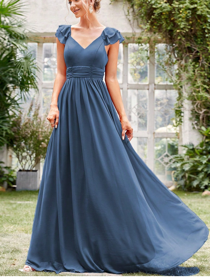 Femmes Plain Bleu Col V Confortable Robe Maxi Sexy