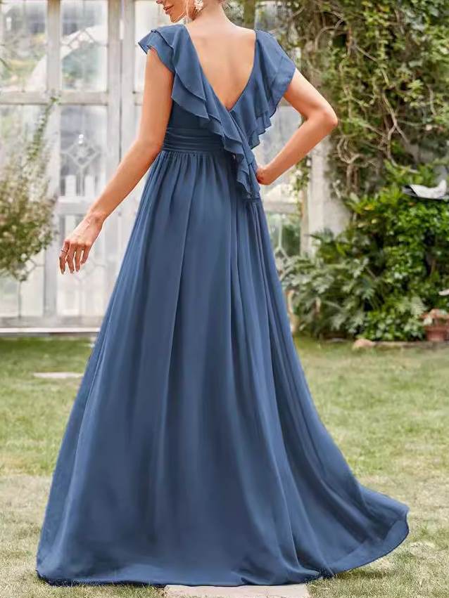 Femmes Plain Bleu Col V Confortable Robe Maxi Sexy