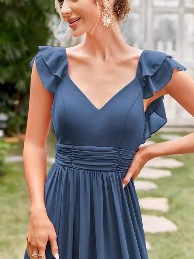 Femmes Plain Bleu Col V Confortable Robe Maxi Sexy