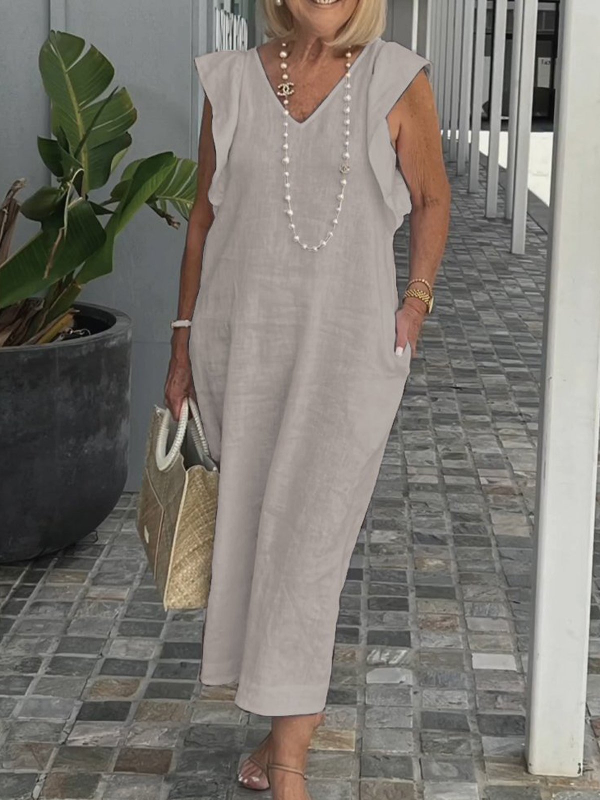 Femmes Plain Blanc Col V Confortable Robe Mi-Longue Décontracté