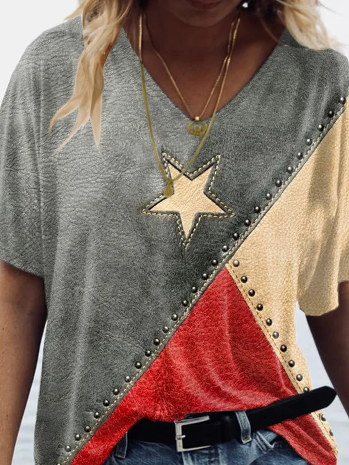 T-shirts Décontracté Été Le jour de l'indépendance (Drapeau) Col V Ample Manches Courtes Régulier Droit Régulier pour Femmes
