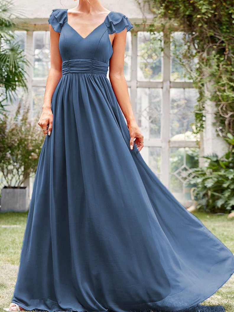 Femmes Plain Bleu Col V Confortable Robe Maxi Sexy