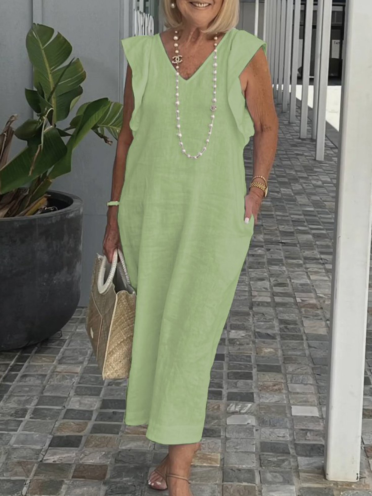 Femmes Plain Blanc Col V Confortable Robe Mi-Longue Décontracté