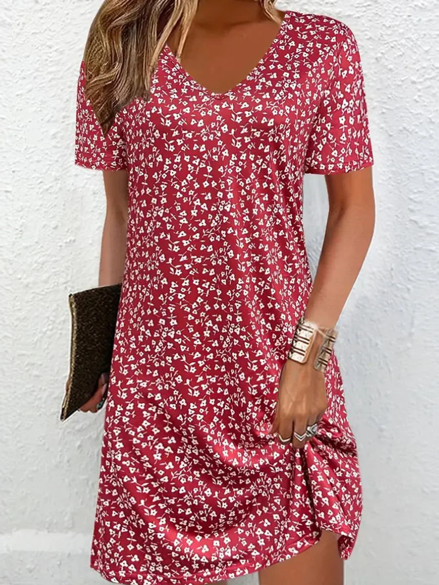 Femmes Petites fleurs Rouge Col V Confortable Mini Robe Décontracté