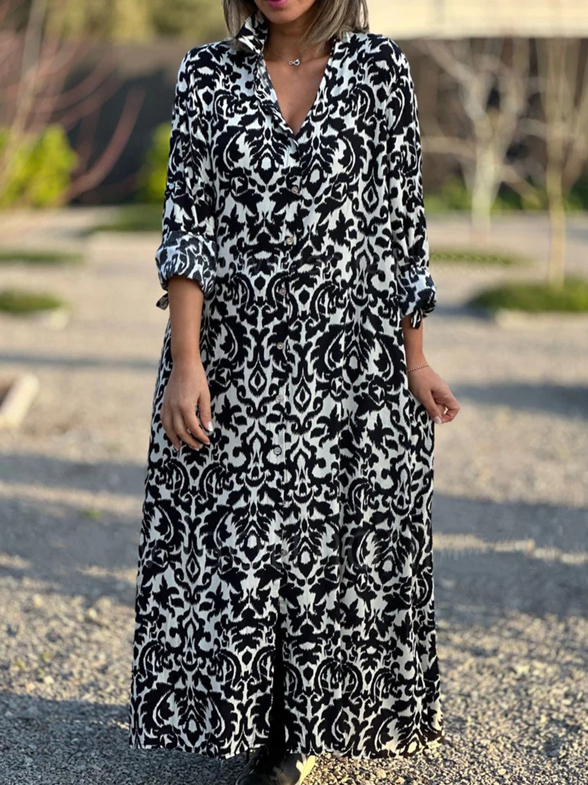 Femmes Ethnique Rouge Col de Chemise Confortable Robe Maxi Décontracté