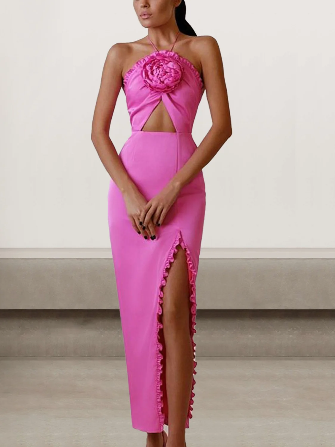 Femmes Plain Rose Foncé Attaché au Cou Confortable Robe Maxi Sexy