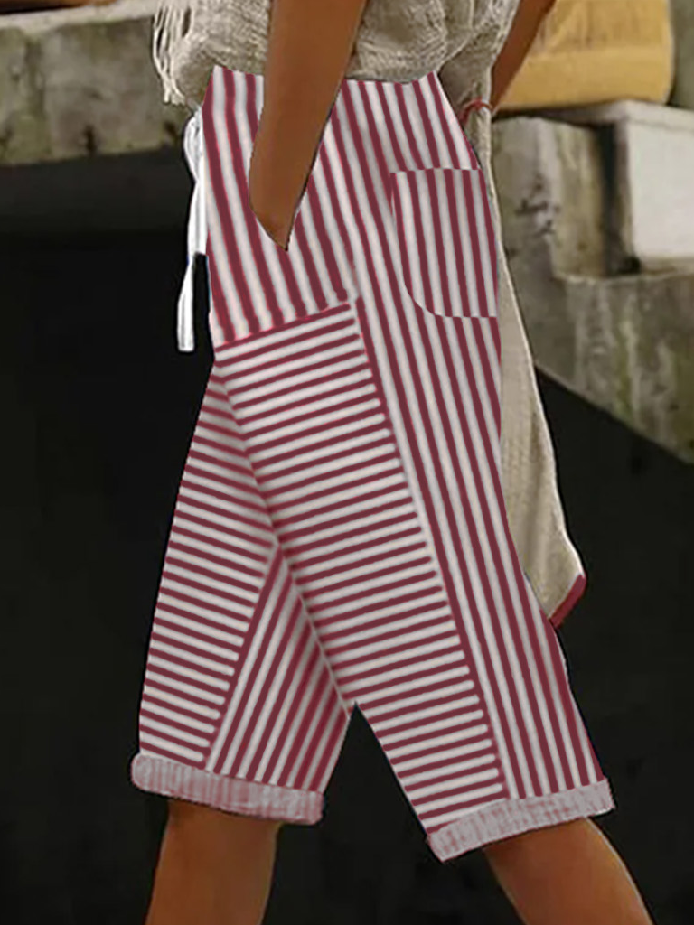 Pantalons Rayé Décontracté Été Polyester Naturel Aucune élasticité Pantalon droit Régulier Cinquième pantalon pour Femmes