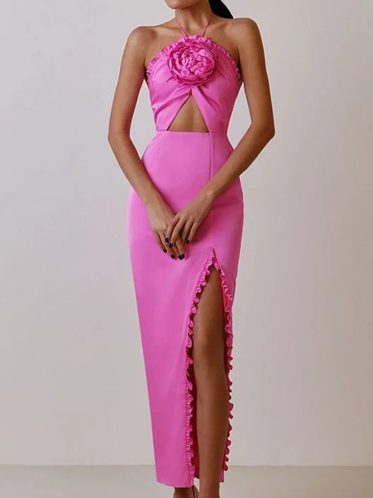 Femmes Plain Rose Foncé Attaché au Cou Confortable Robe Maxi Sexy