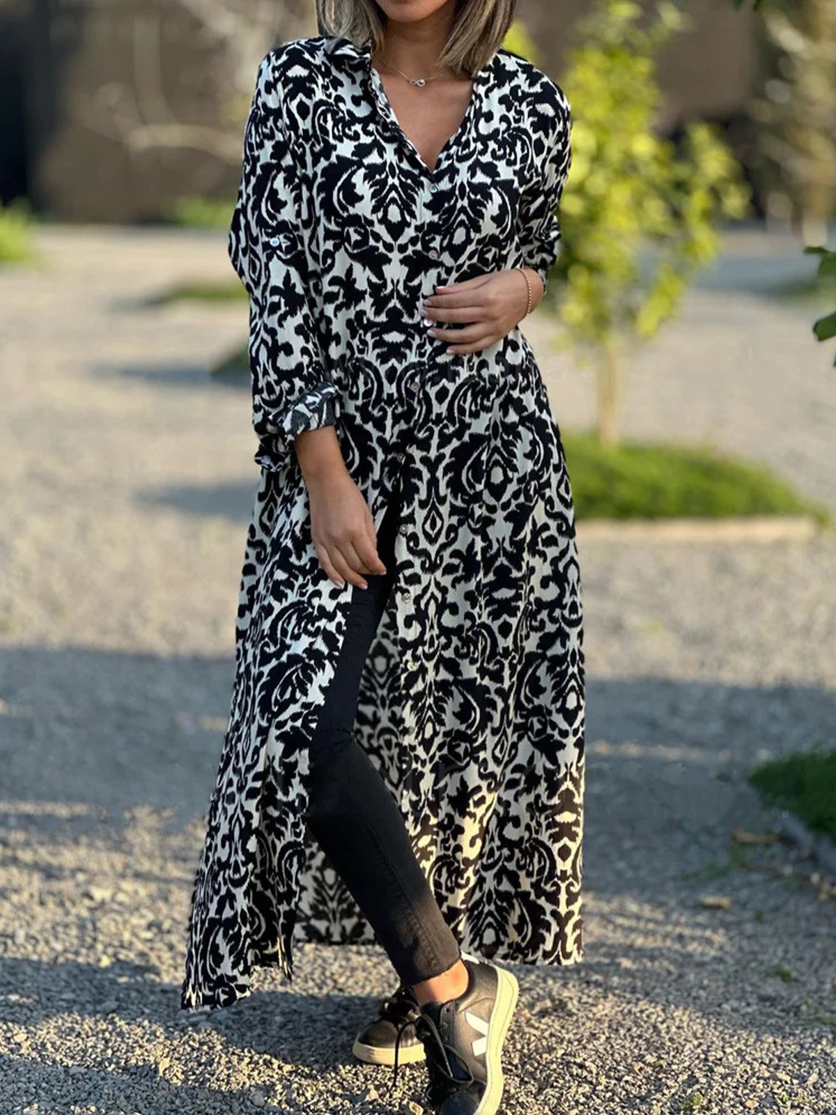 Femmes Ethnique Rouge Col de Chemise Confortable Robe Maxi Décontracté
