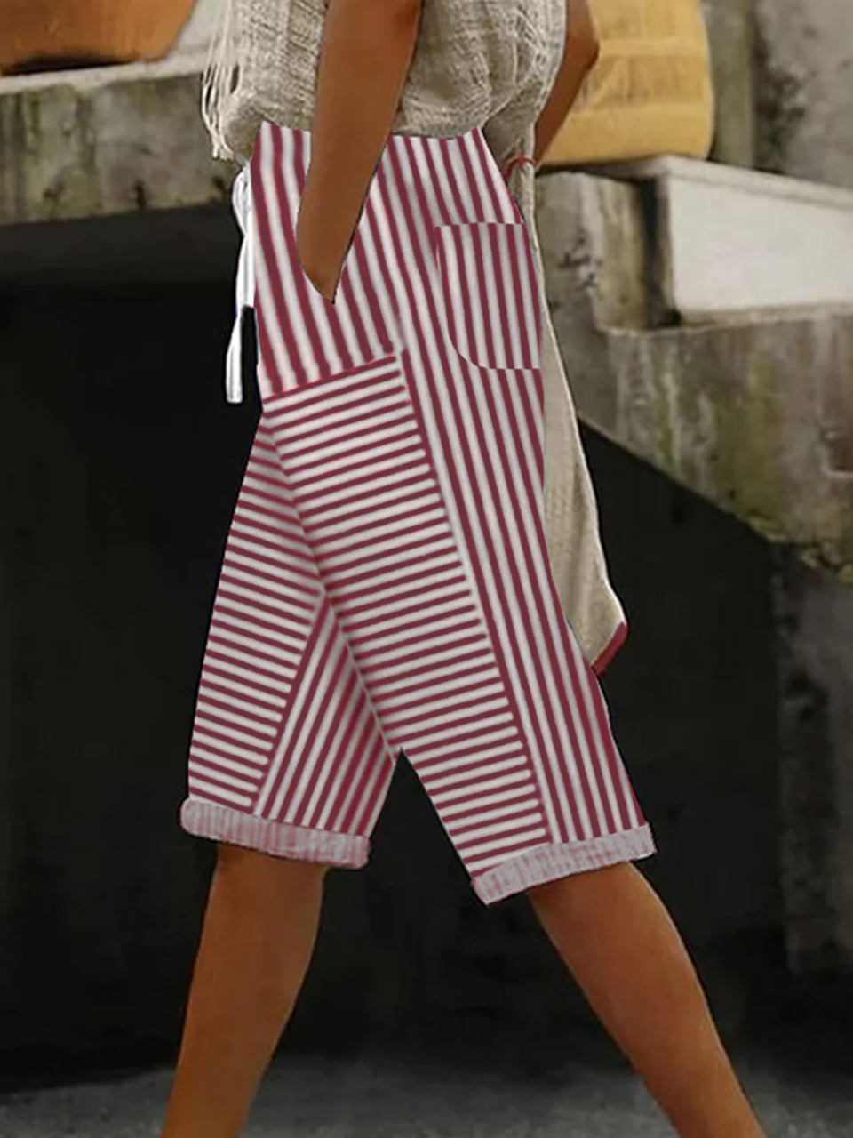 Pantalons Rayé Décontracté Été Polyester Naturel Aucune élasticité Pantalon droit Régulier Cinquième pantalon pour Femmes