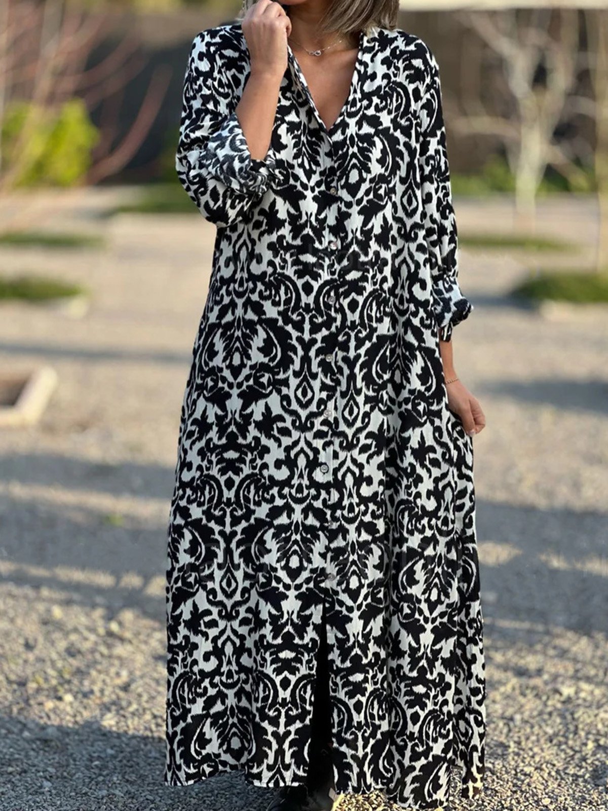 Femmes Ethnique Rouge Col de Chemise Confortable Robe Maxi Décontracté