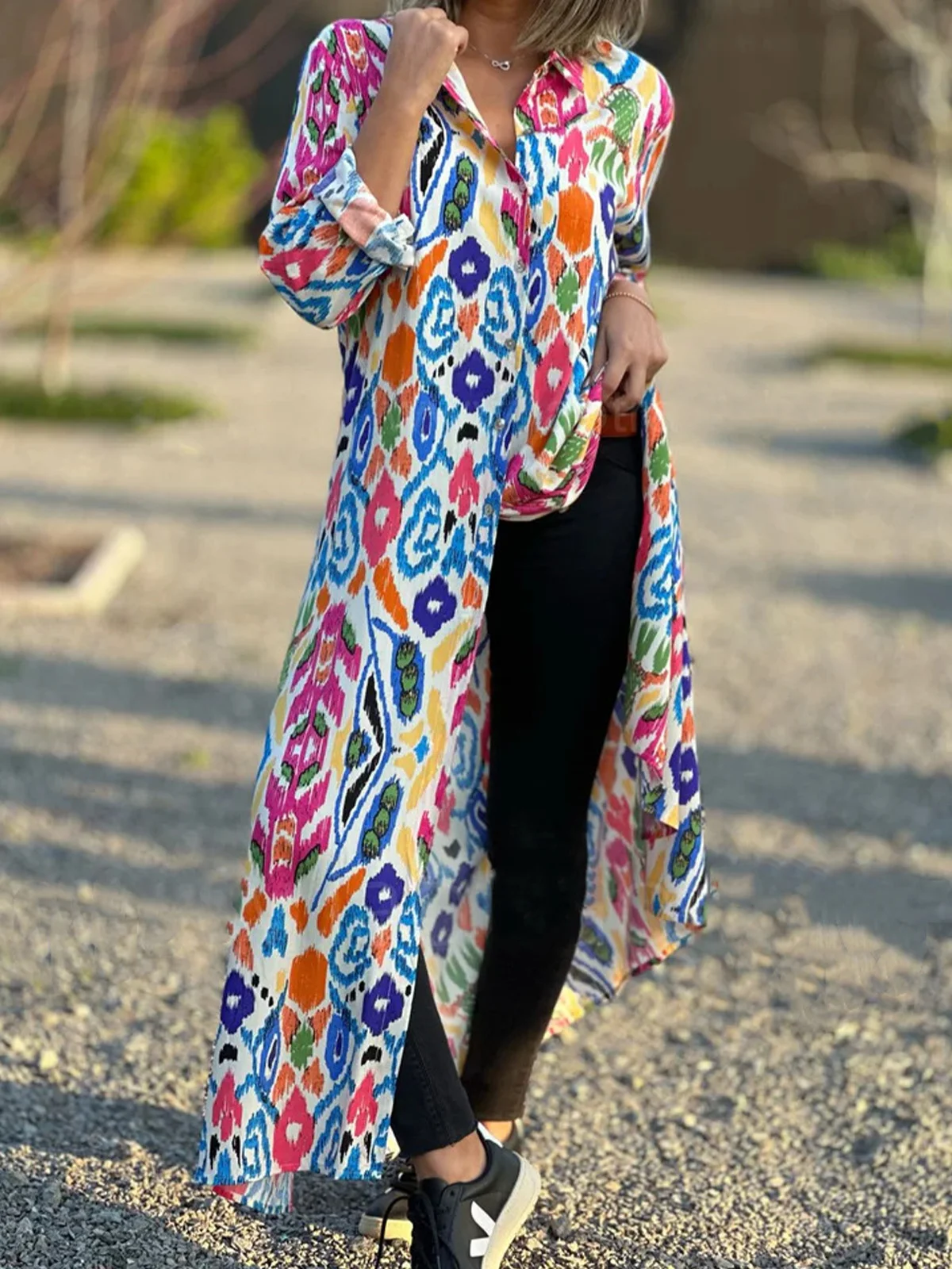 Femmes Ethnique Rouge Col de Chemise Confortable Robe Maxi Décontracté