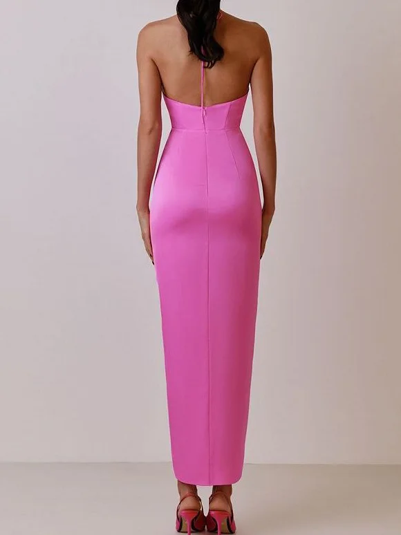 Femmes Plain Rose Foncé Attaché au Cou Confortable Robe Maxi Sexy