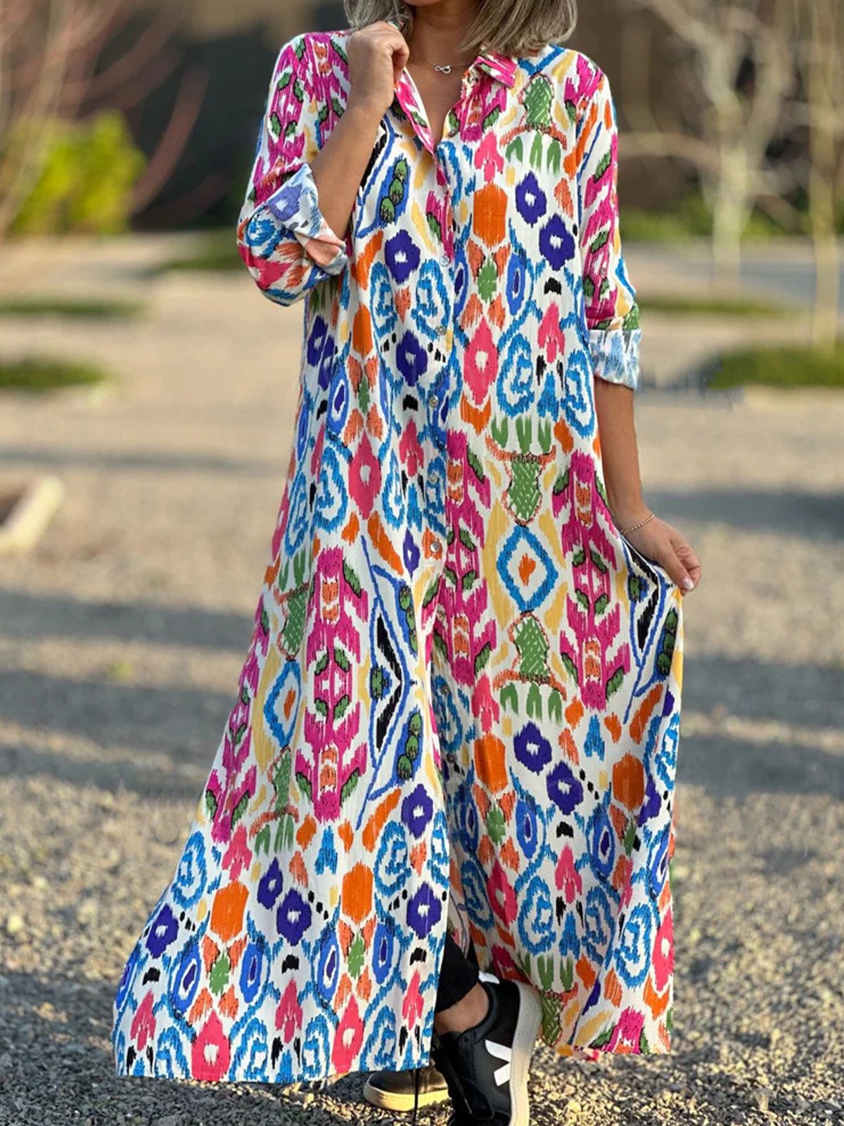 Femmes Ethnique Rouge Col de Chemise Confortable Robe Maxi Décontracté