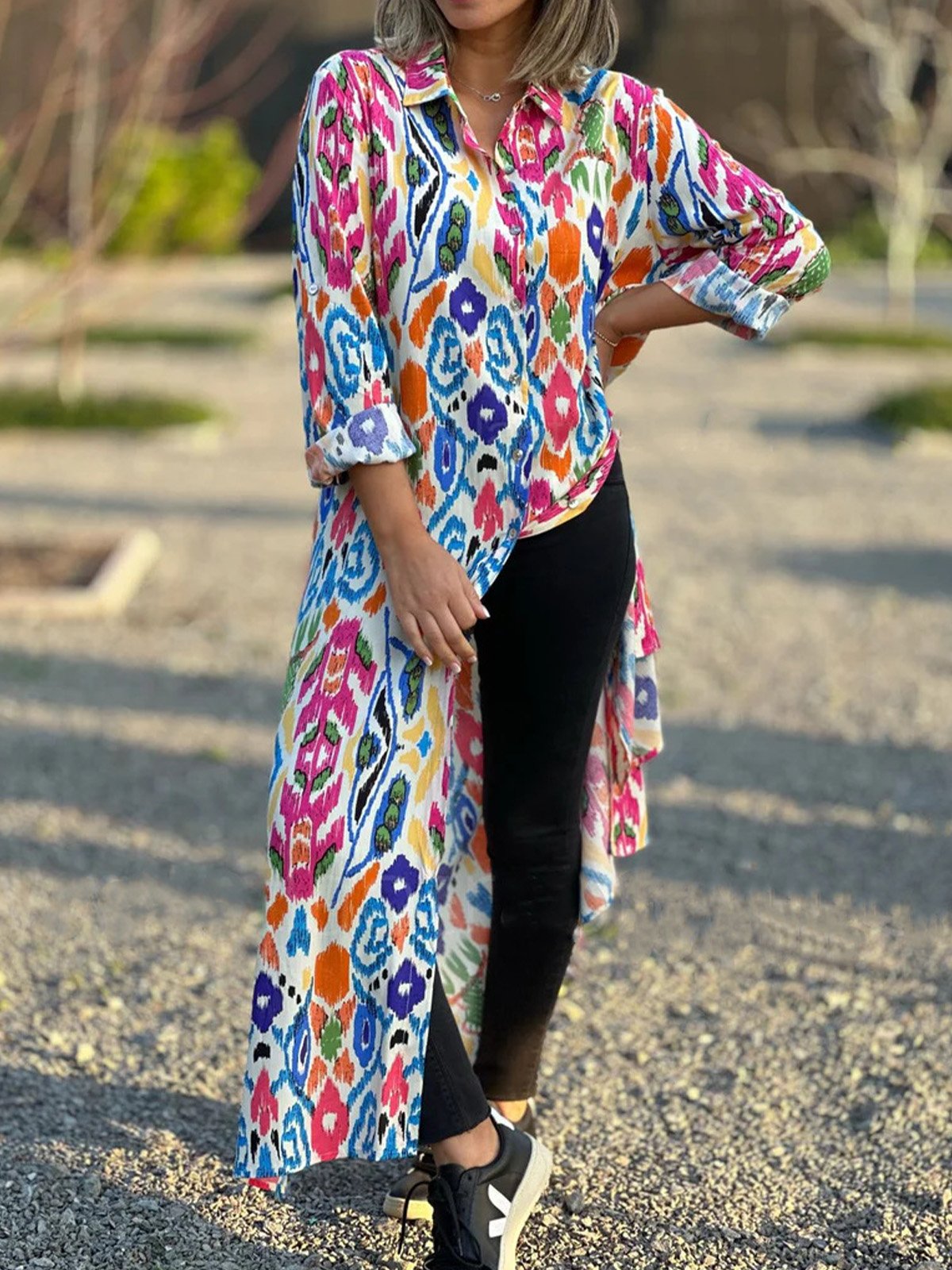 Femmes Ethnique Rouge Col de Chemise Confortable Robe Maxi Décontracté