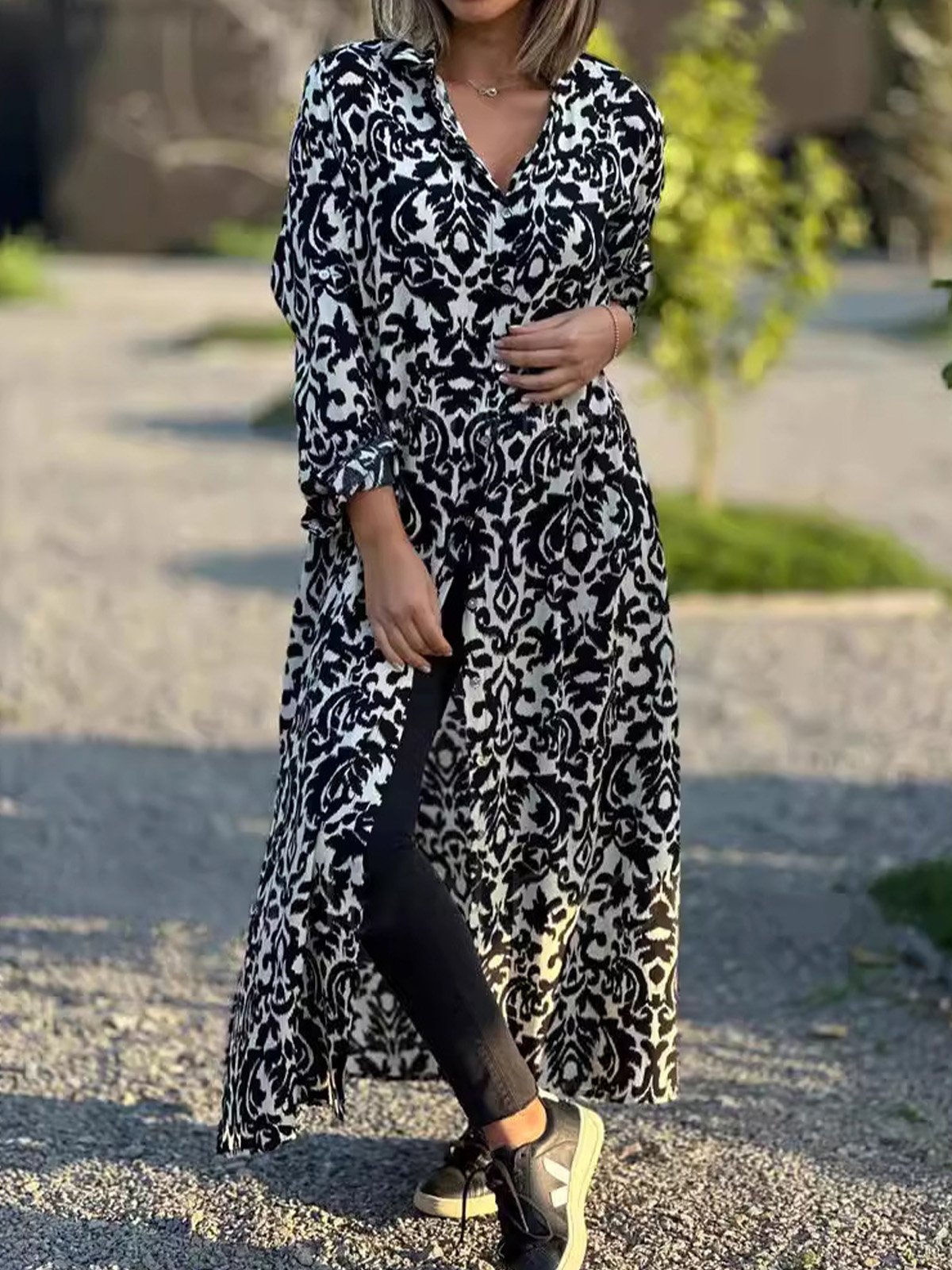 Femmes Ethnique Rouge Col de Chemise Confortable Robe Maxi Décontracté