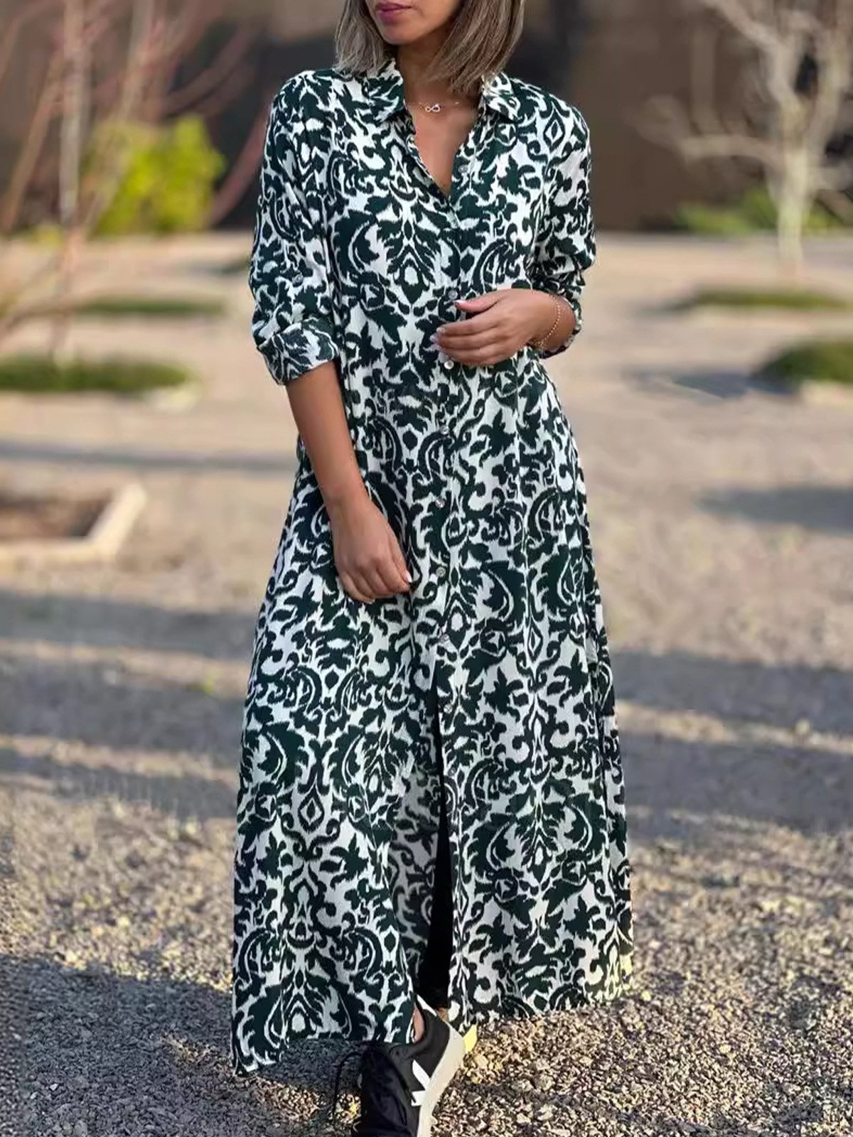 Femmes Ethnique Rouge Col de Chemise Confortable Robe Maxi Décontracté