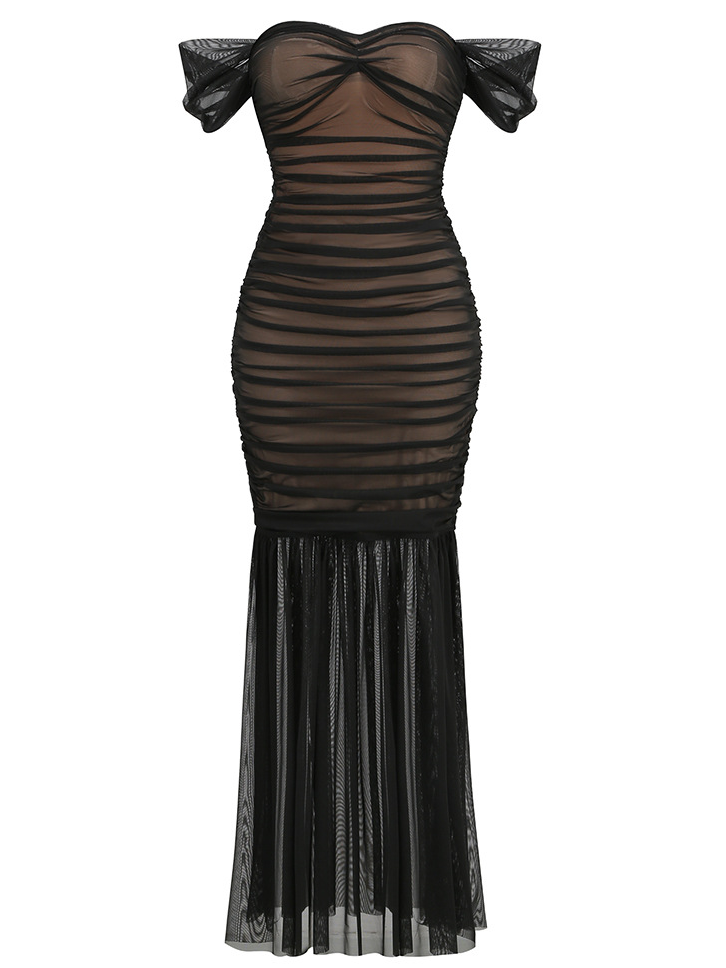 Femmes Plain Noir Sans Bretelles Confortable Robe Maxi Sexy
